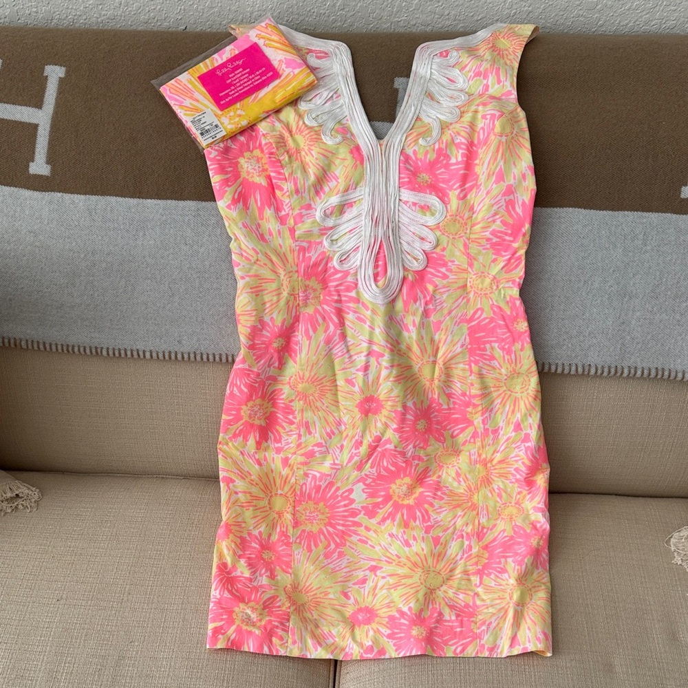 Lilly Pulitzer Pink & Yellow Floral Shift Dress with White Trim. Sold with scarf